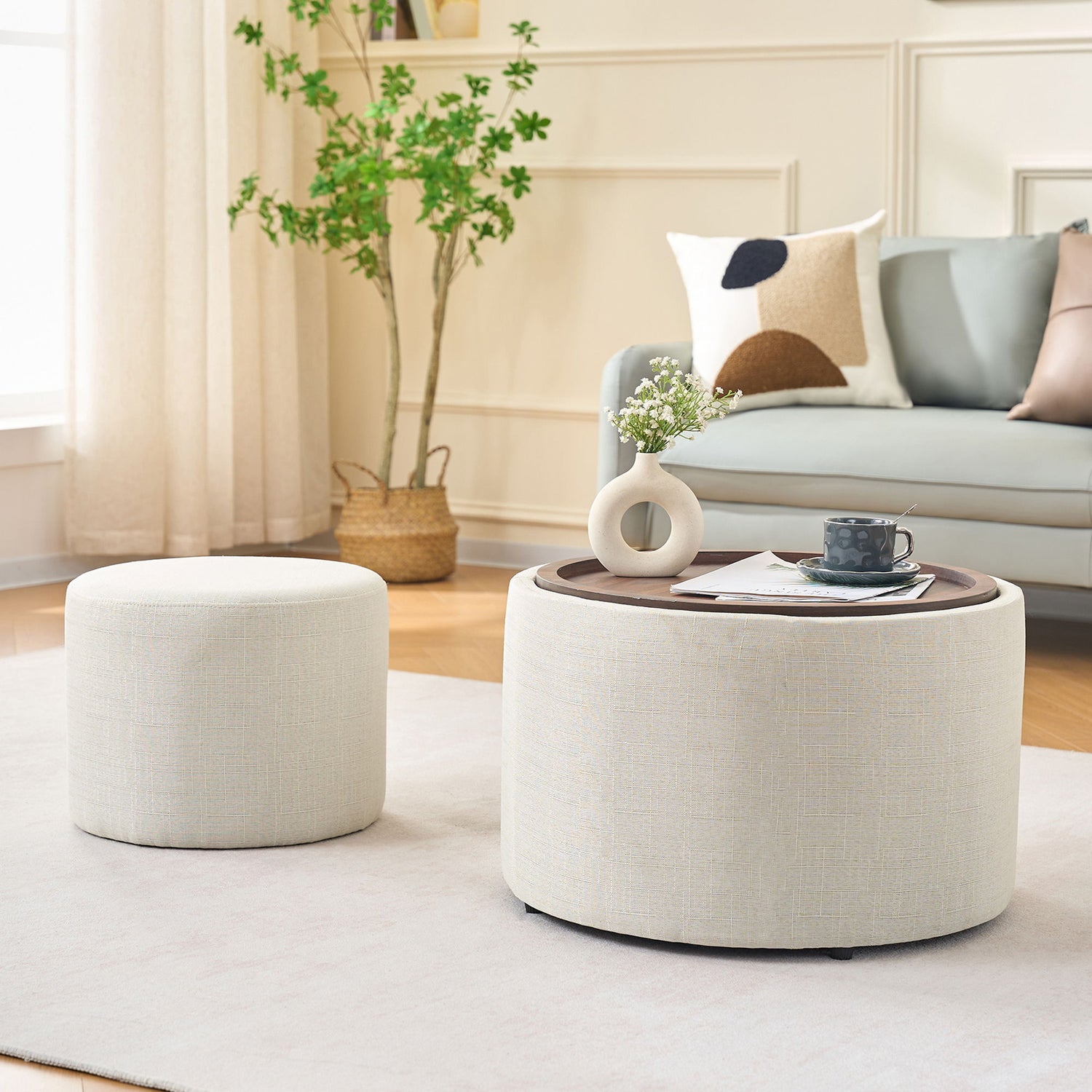 Nesting Ottomans, Round Coffee Table &amp; Bench With Tray (Set of 2)