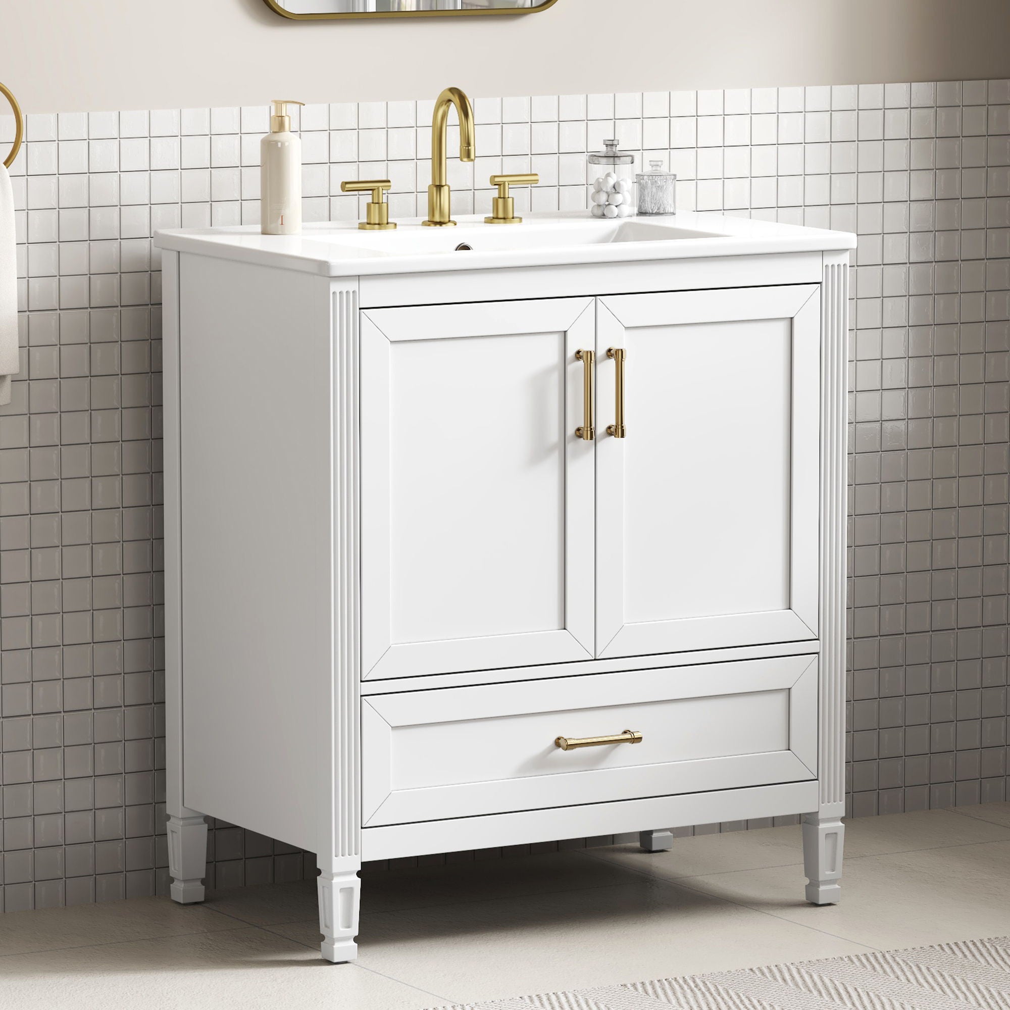 Elegant Fluted Bathroom Vanity With Sink, Soft Close Doors &amp; Drawer