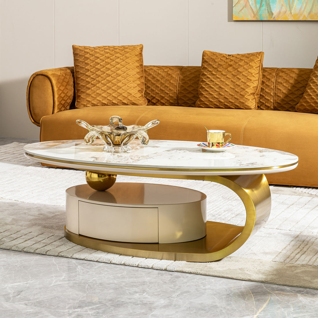 Modern Coffee Table Thick Sintered Stone Top With 2 Drawers Matt Stainless Steel Base - Gold