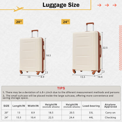 2 Piece Luggage Set With Bags Expanable Spinner Wheels ABS Lightweight Suitcase With Tsa Lock 20&quot; / 24&quot;