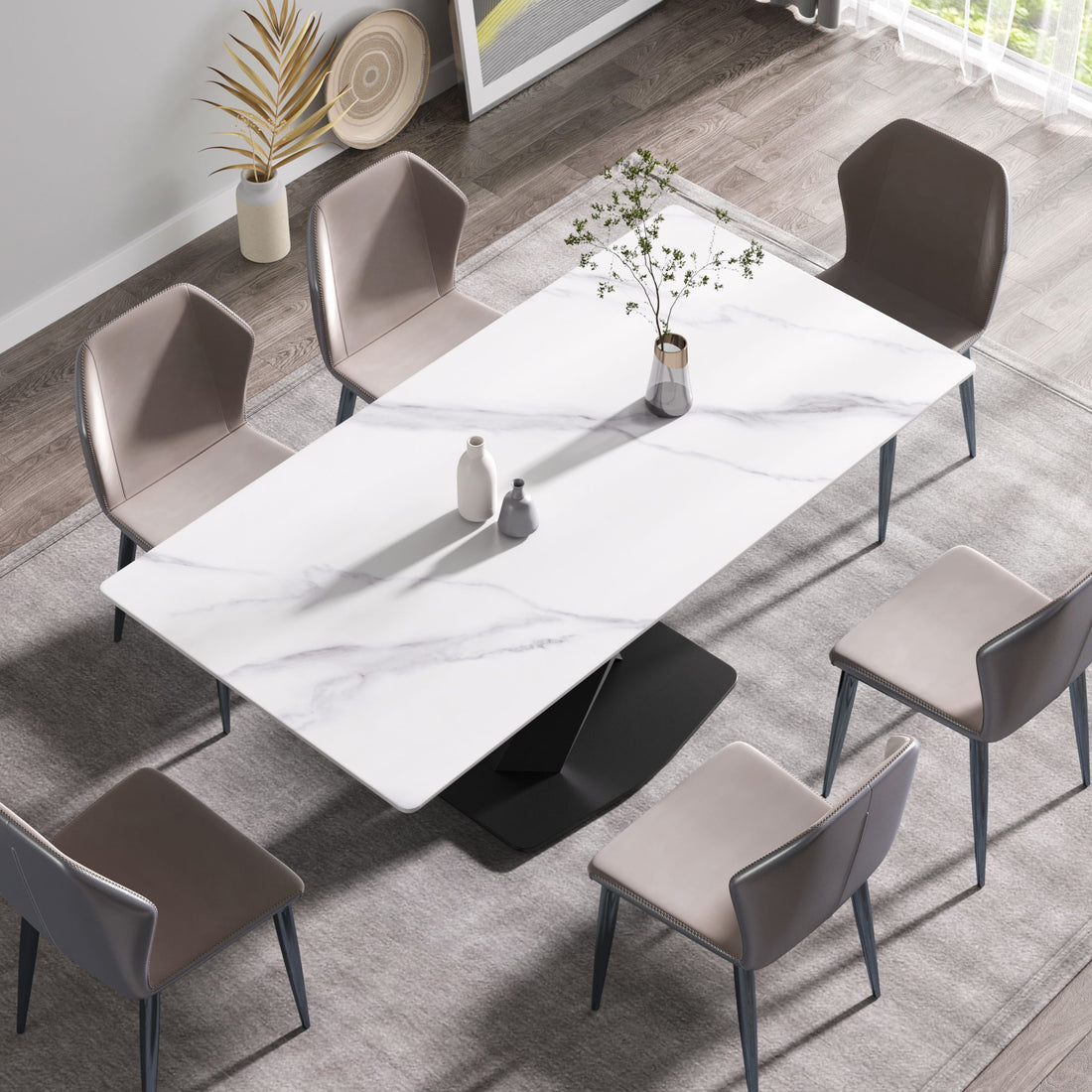 70.87&quot; Modern Artificial Stone White Straight Edge Black Metal Leg Dining Table, Can Accommodate 6-8 People - White