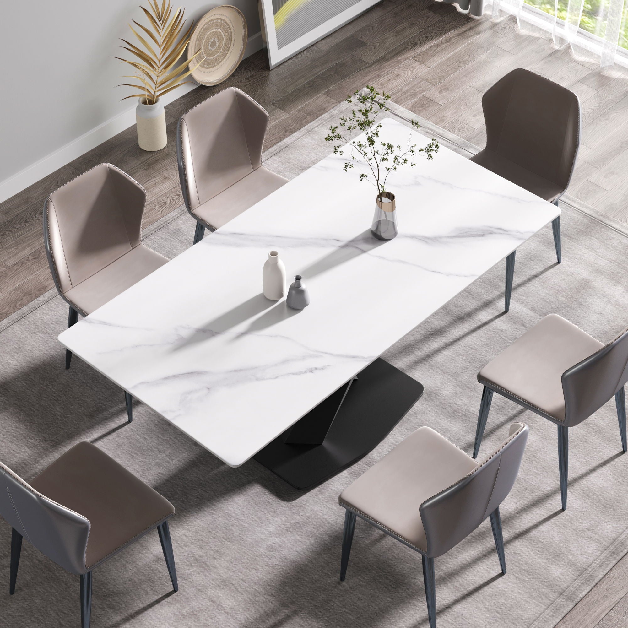 70.87&quot; Modern Artificial Stone White Straight Edge Black Metal Leg Dining Table, Can Accommodate 6-8 People - White