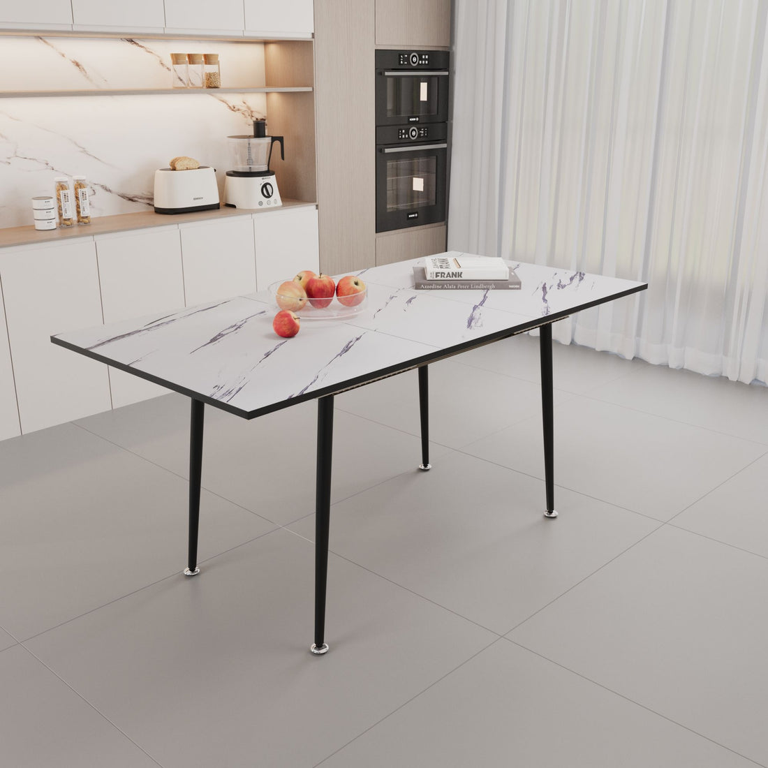 Modern Industrial Expandable Dining Table 47&quot; To With Marble Pattern Top And Metal Legs - White
