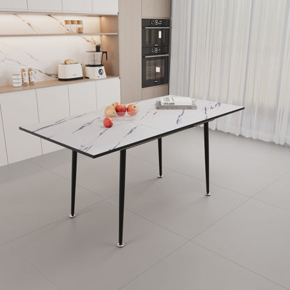 Modern Industrial Expandable Dining Table 47&quot; To With Marble Pattern Top And Metal Legs - White