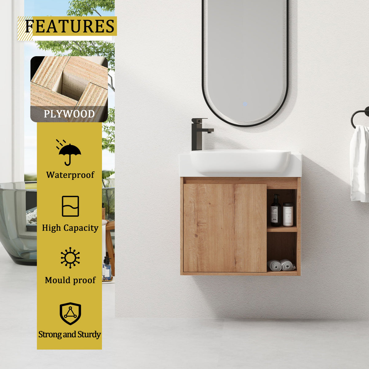 24" Wall Mounted Bathroom Vanity &amp; Sink &amp; Soft Close Door - Imitative Oak / White