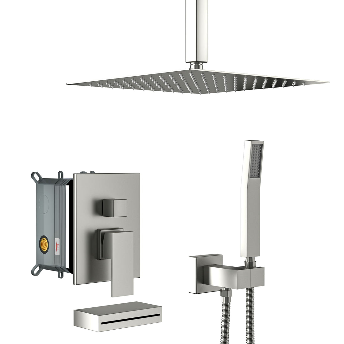 12&quot; Ceiling Mount Square Shower System With Waterfall Tub Spout And Handheld Shower