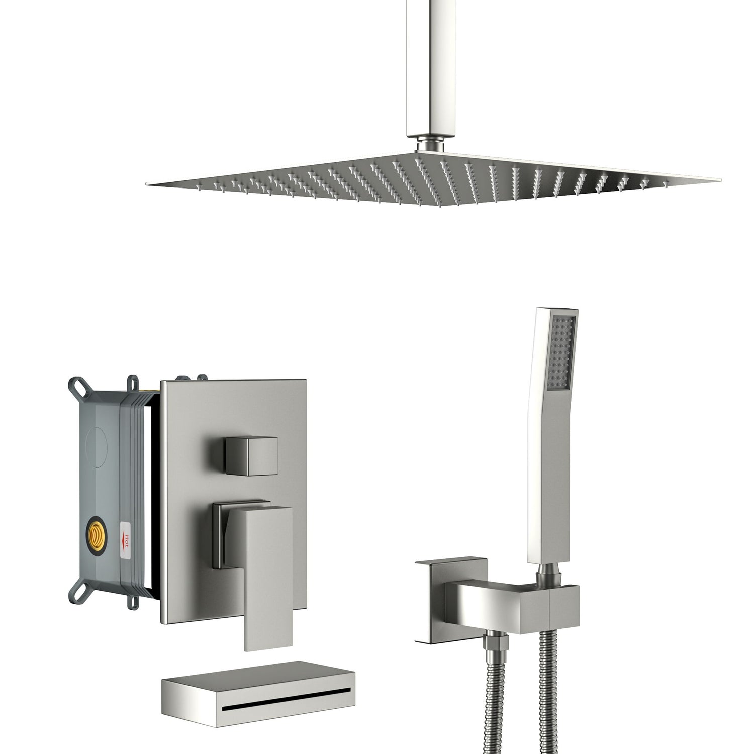 12&quot; Ceiling Mount Square Shower System With Waterfall Tub Spout And Handheld Shower