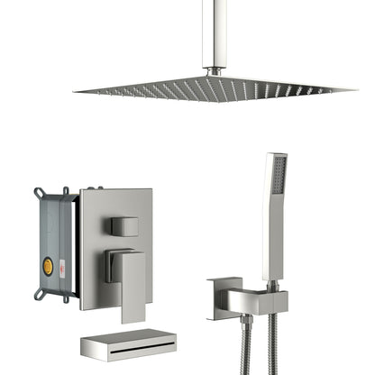 12&quot; Ceiling Mount Square Shower System With Waterfall Tub Spout And Handheld Shower