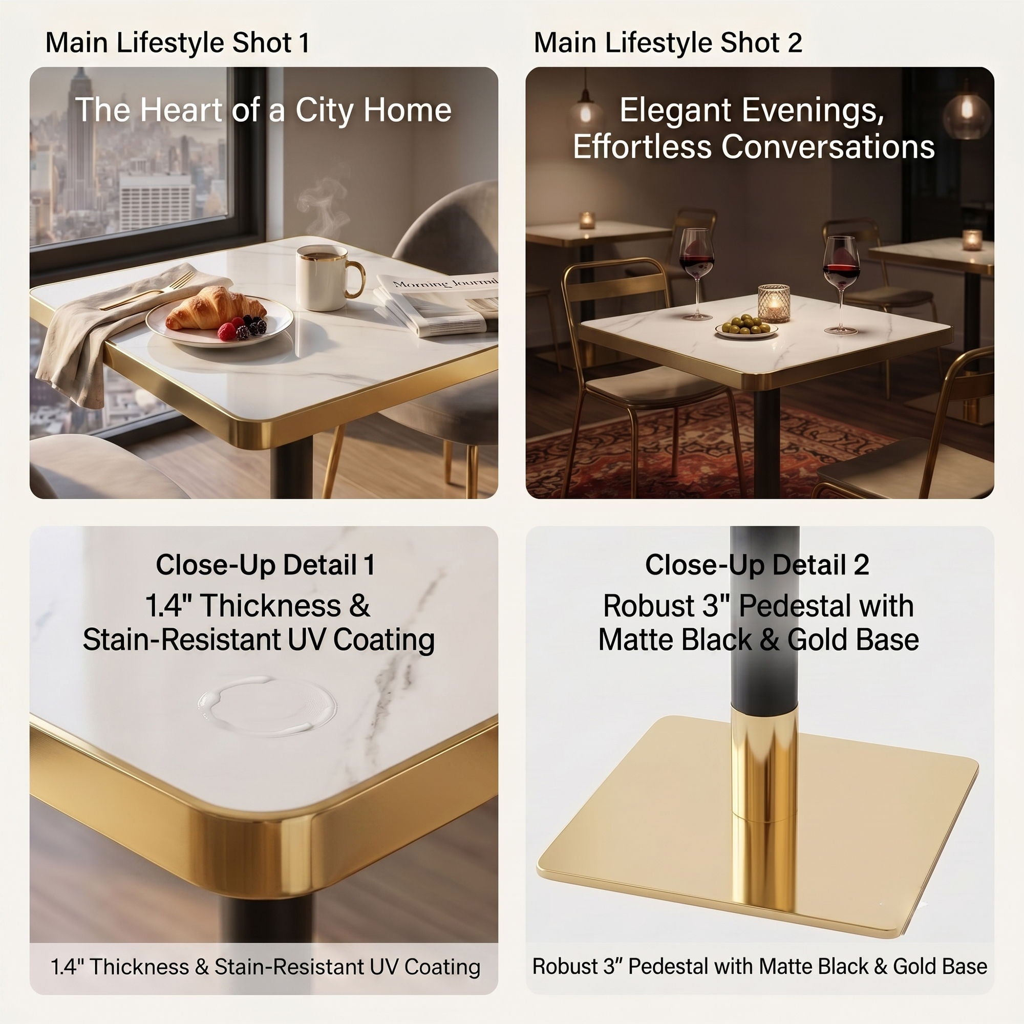 Square Dining Table &amp; Pedestal For Kitchen - Black / Gold / White