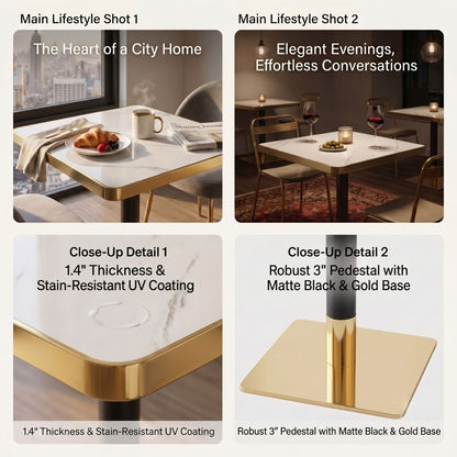Square Dining Table &amp; Pedestal For Kitchen - Black / Gold / White