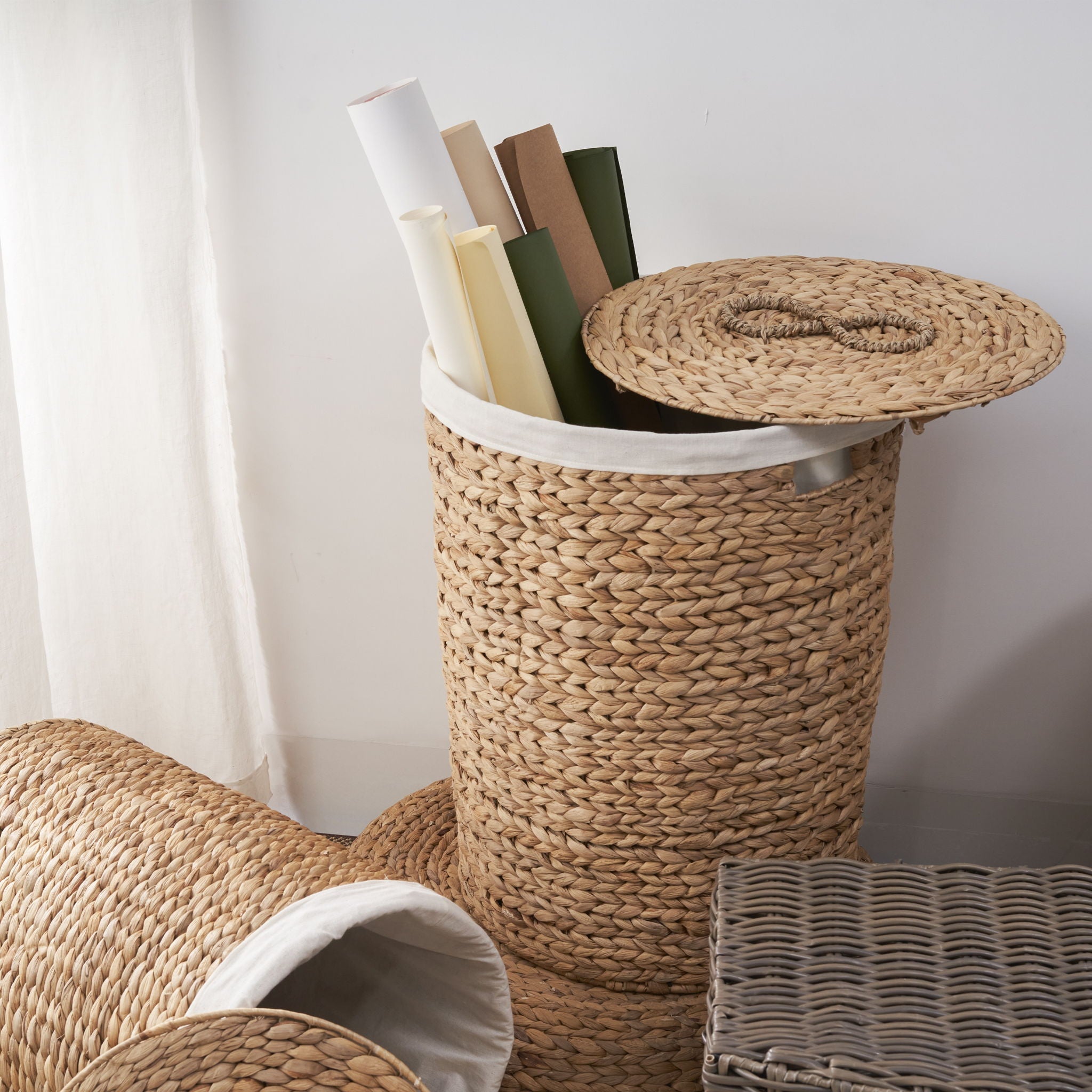 Ludmilla Round Tall Water Hyacinth Woven Wicker Laundry Hamper With Lid - For Clothes, Canvas, Toys And Book Storage With Removable Liner - 18&quot; X 18&quot; X 23&quot; - Natural Brown