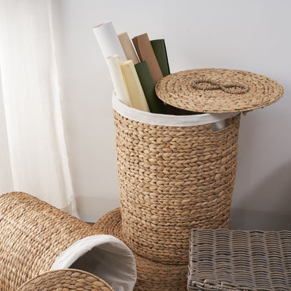 Ludmilla Round Tall Water Hyacinth Woven Wicker Laundry Hamper With Lid - For Clothes, Canvas, Toys And Book Storage With Removable Liner - 18&quot; X 18&quot; X 23&quot; - Natural Brown