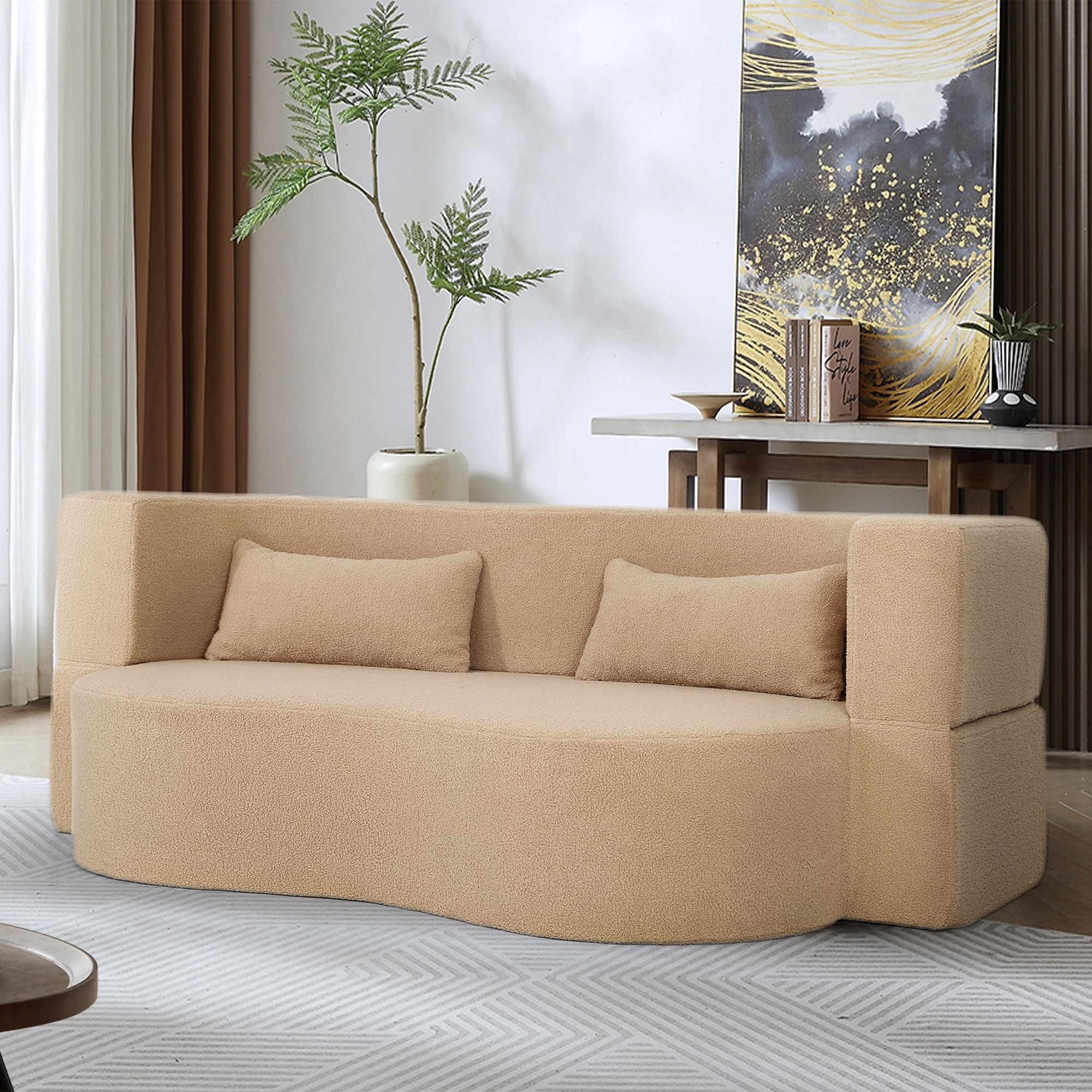 2 In 1 Convertible Full Size Folding Loveseat Couch With Soft Teddy Fabric