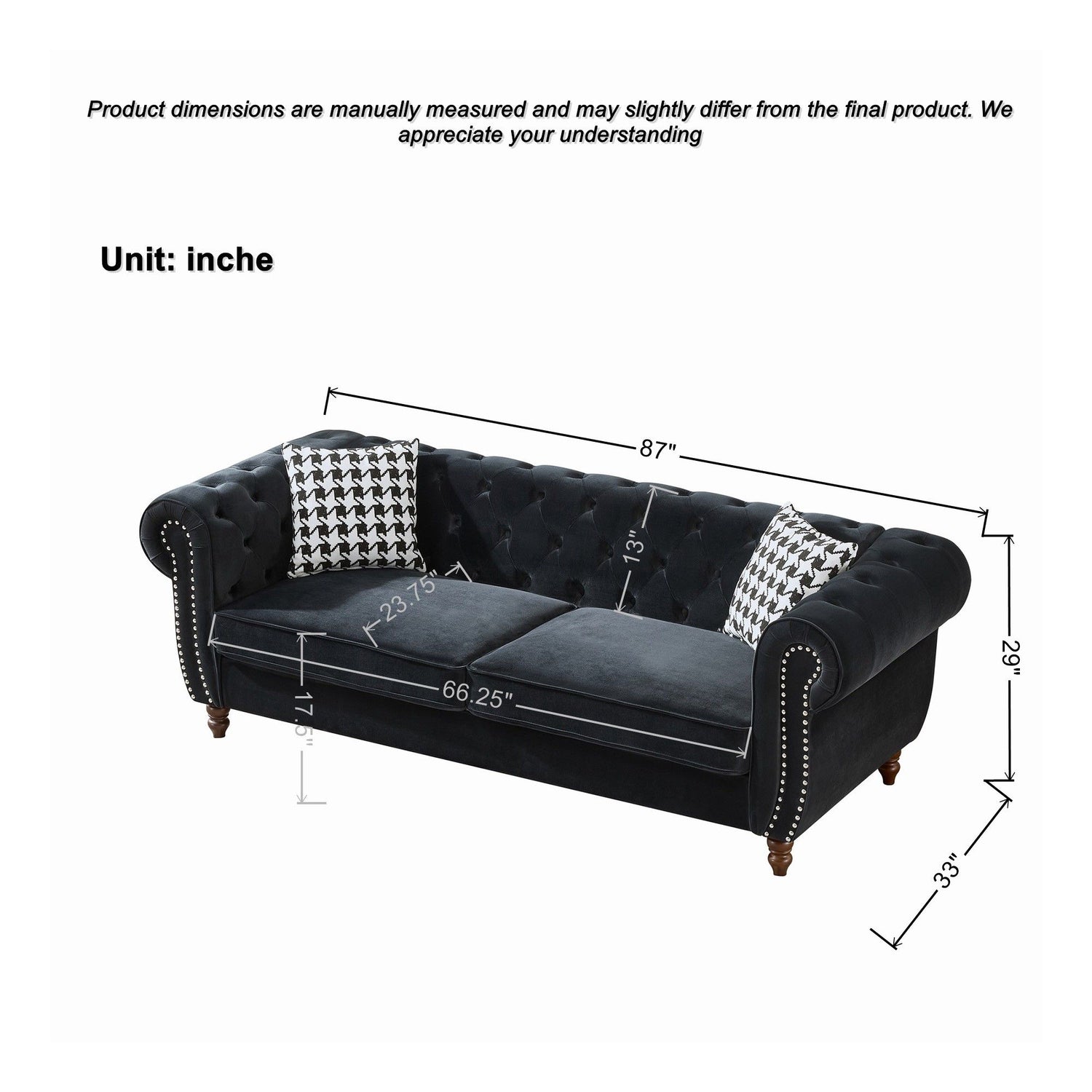 Chesterfield 3 And 2 Seater Velvet Upholstery Sofa With Roll Armrest &amp; Nailhead Fabric Couch