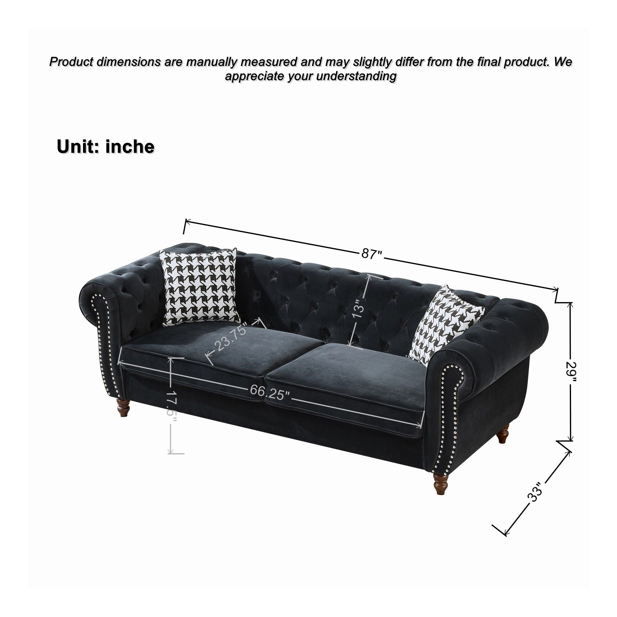 Chesterfield 3 And 2 Seater Velvet Upholstery Sofa With Roll Armrest &amp; Nailhead Fabric Couch
