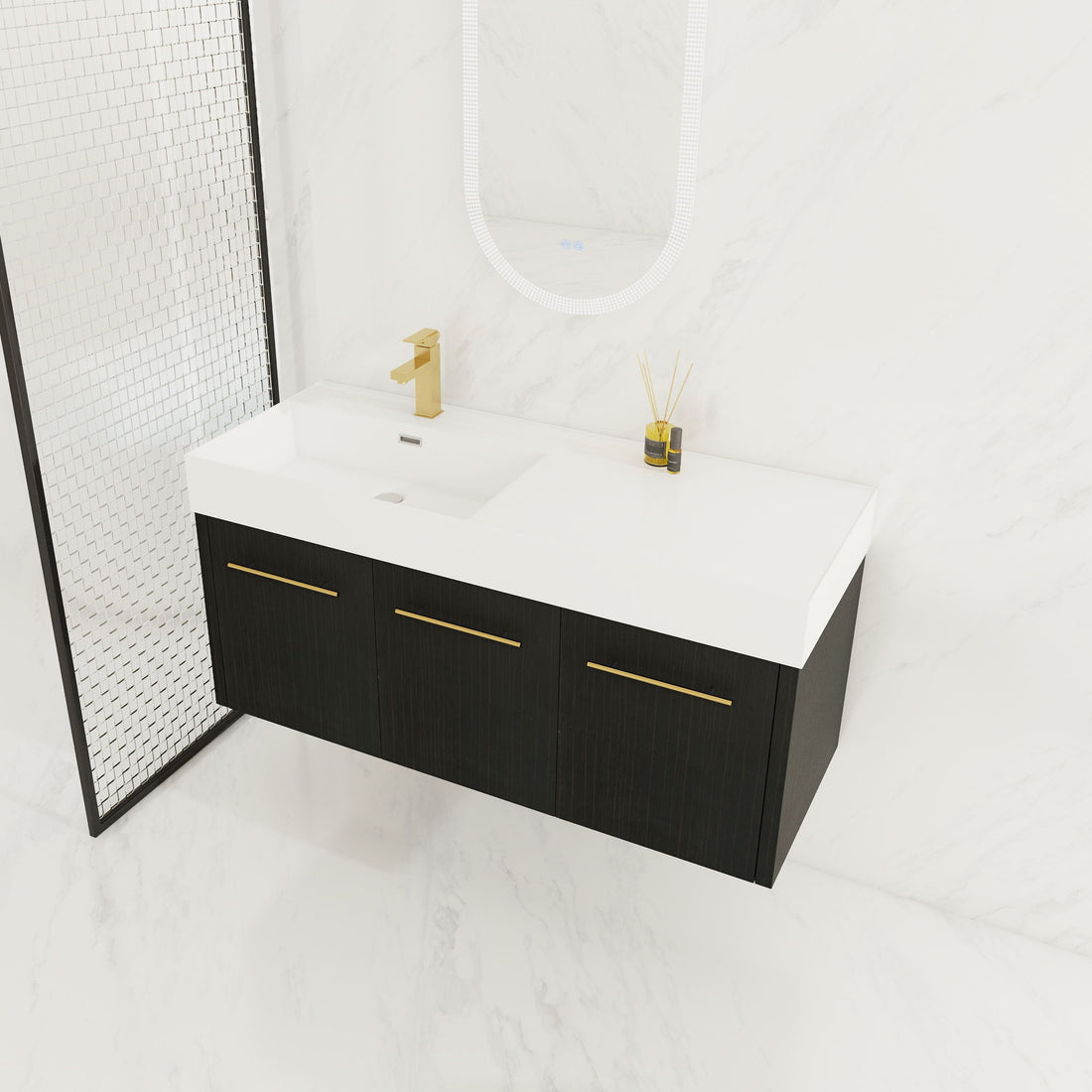 Contemporary 48&quot; Wall Mounted Bathroom Vanity With Resin Sink And Soft Closing Doors And Line - Black Chestnut