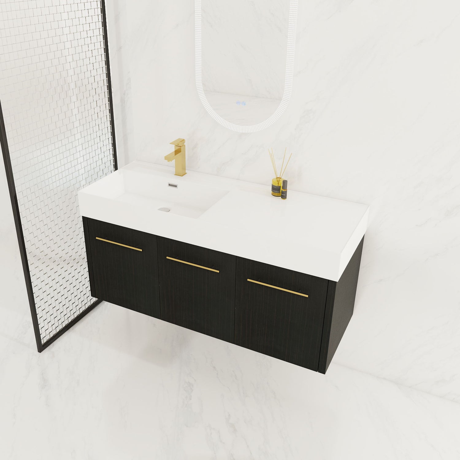 Contemporary 48&quot; Wall Mounted Bathroom Vanity With Resin Sink And Soft Closing Doors And Line - Black Chestnut