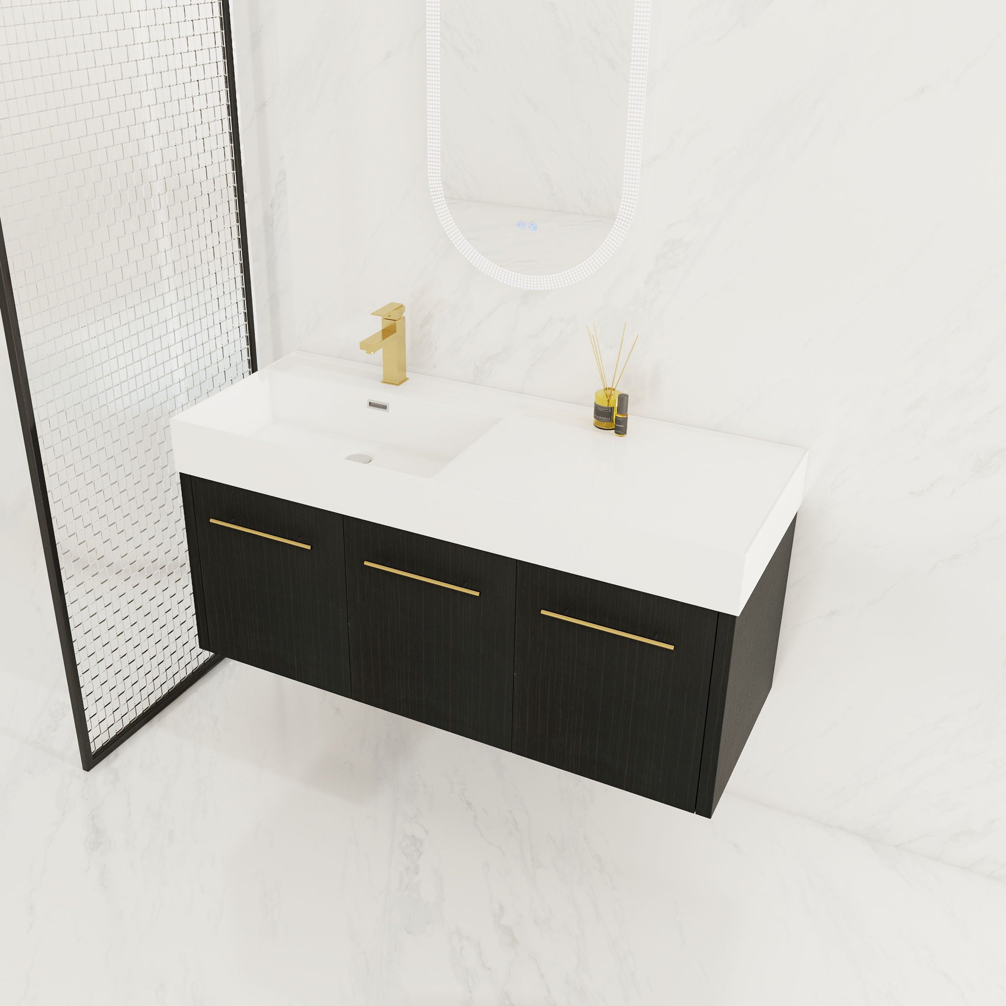 Contemporary 48&quot; Wall Mounted Bathroom Vanity With Resin Sink And Soft Closing Doors And Line - Black Chestnut