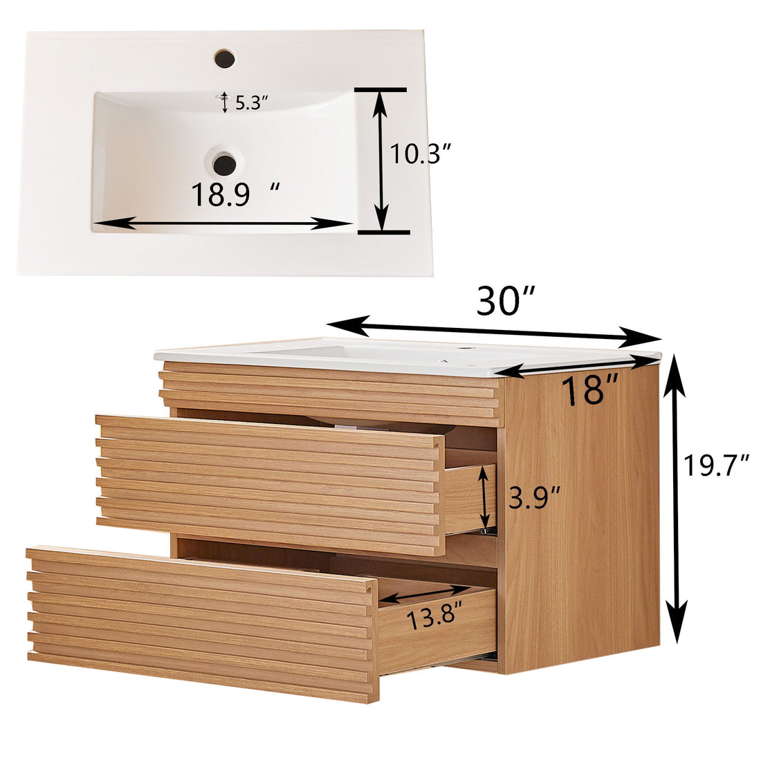 Wall Mounted &amp; Floating Single Vanity With Ceramic Sink - Natural Walnut