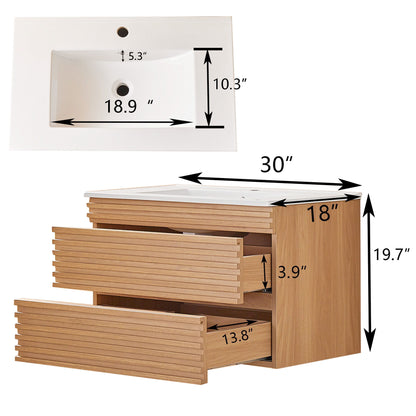 Wall Mounted &amp; Floating Single Vanity With Ceramic Sink - Natural Walnut
