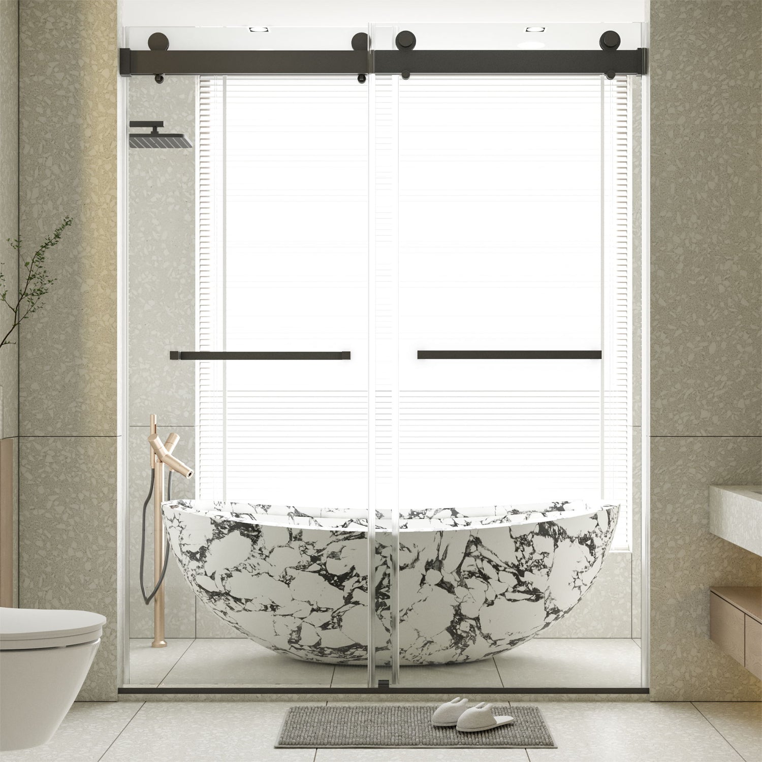 Frameless Double Sliding Soft-Close Shower Door, 3 / 8" (10Mm) Thick SGCC Tempered Glass Door, Matte