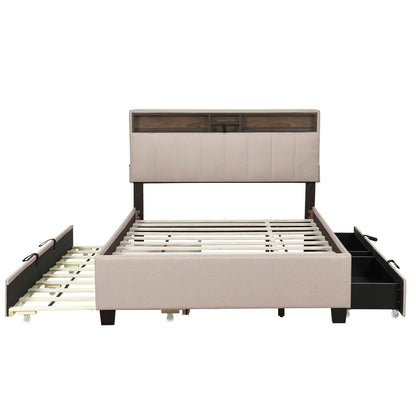 Upholstered Platform Bed With Storage Headboard, Trundle &amp; 2 Drawers And A Set Of Sockets &amp; USB Ports