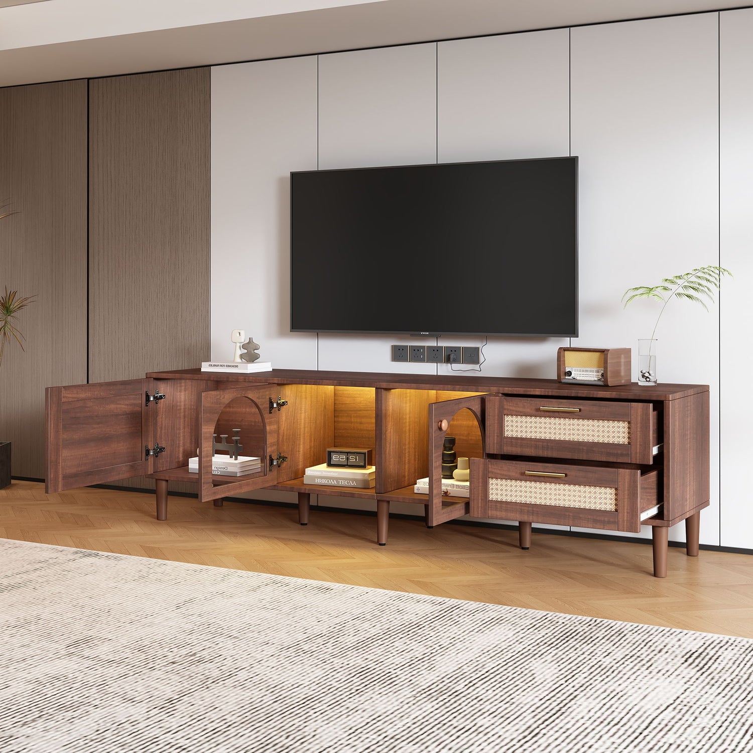 TV Stand With App-Controlled LED Lights, 2 Drawers &amp; Door Storage