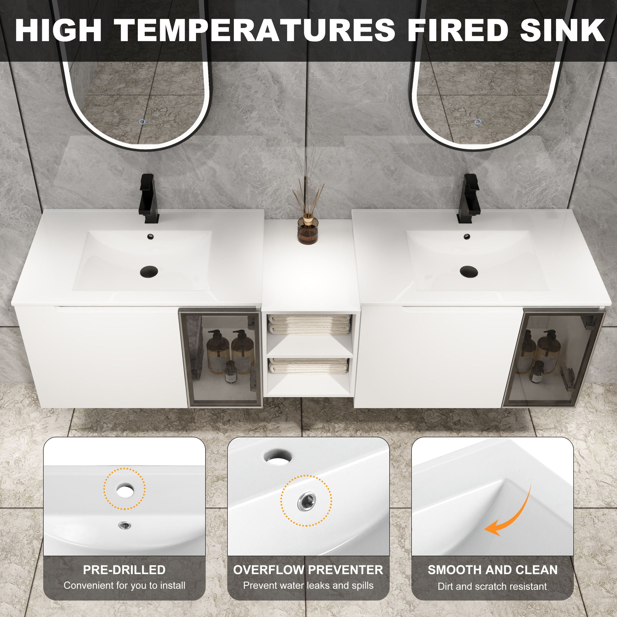 Wall Mounted Bathroom Vanity With Sink, Soft Close Doors, Cabinet &amp; Half Door