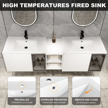 Wall Mounted Bathroom Vanity With Sink, Soft Close Doors, Cabinet &amp; Half Door
