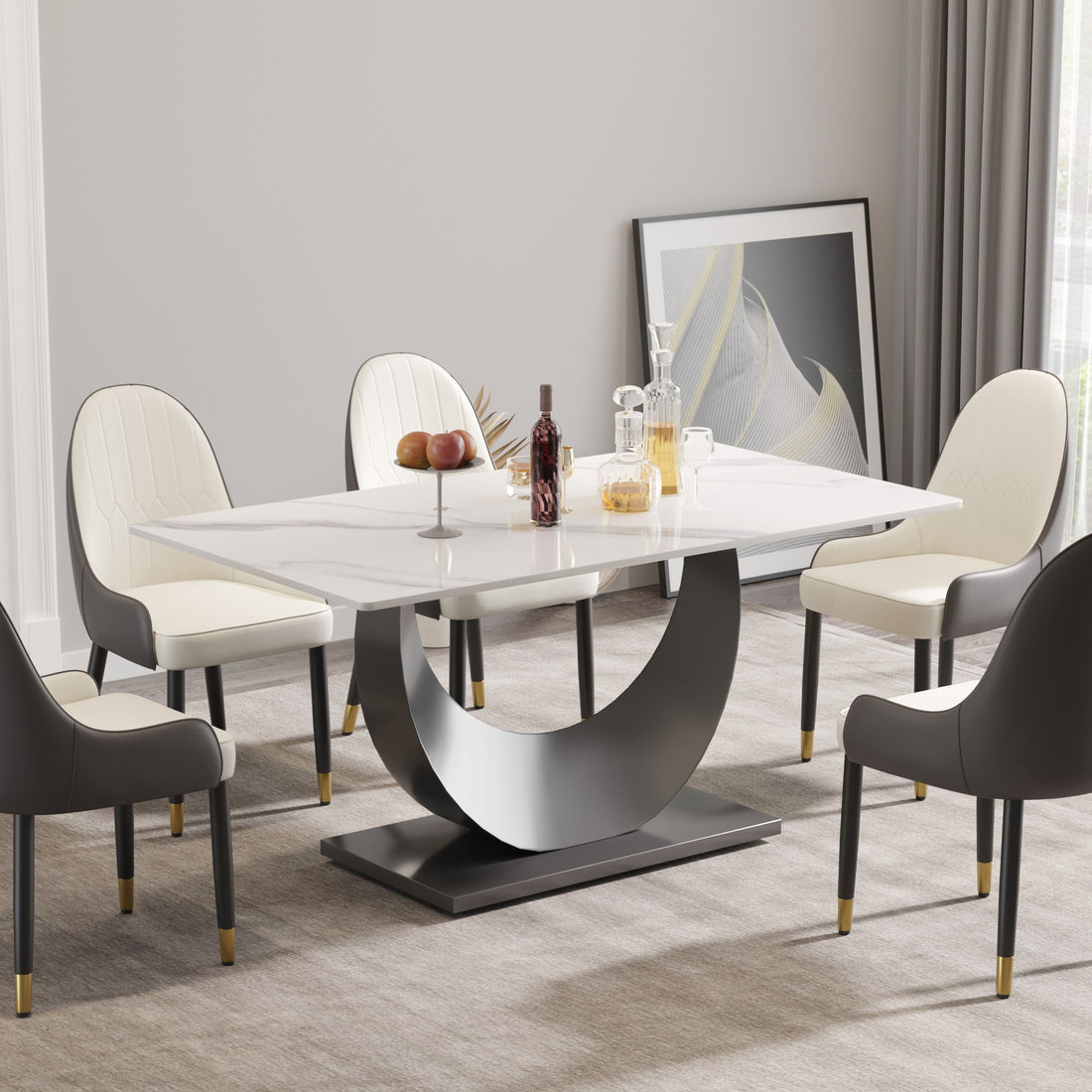 63&quot; Modern Artificial Stone Crescent-Shaped Metal Legs, Can Accommodate 6-8 People - White / Black