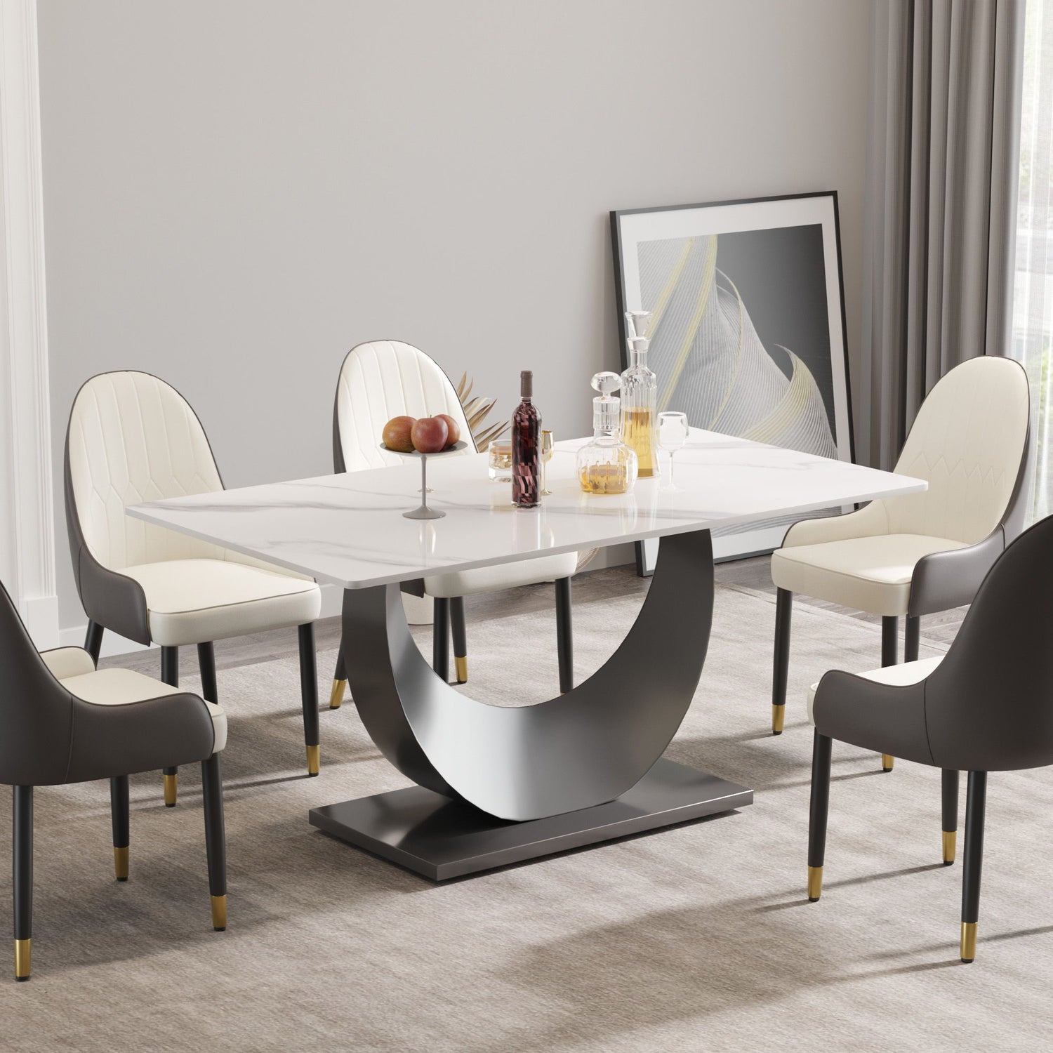 63&quot; Modern Artificial Stone Crescent-Shaped Metal Legs, Can Accommodate 6-8 People - White / Black