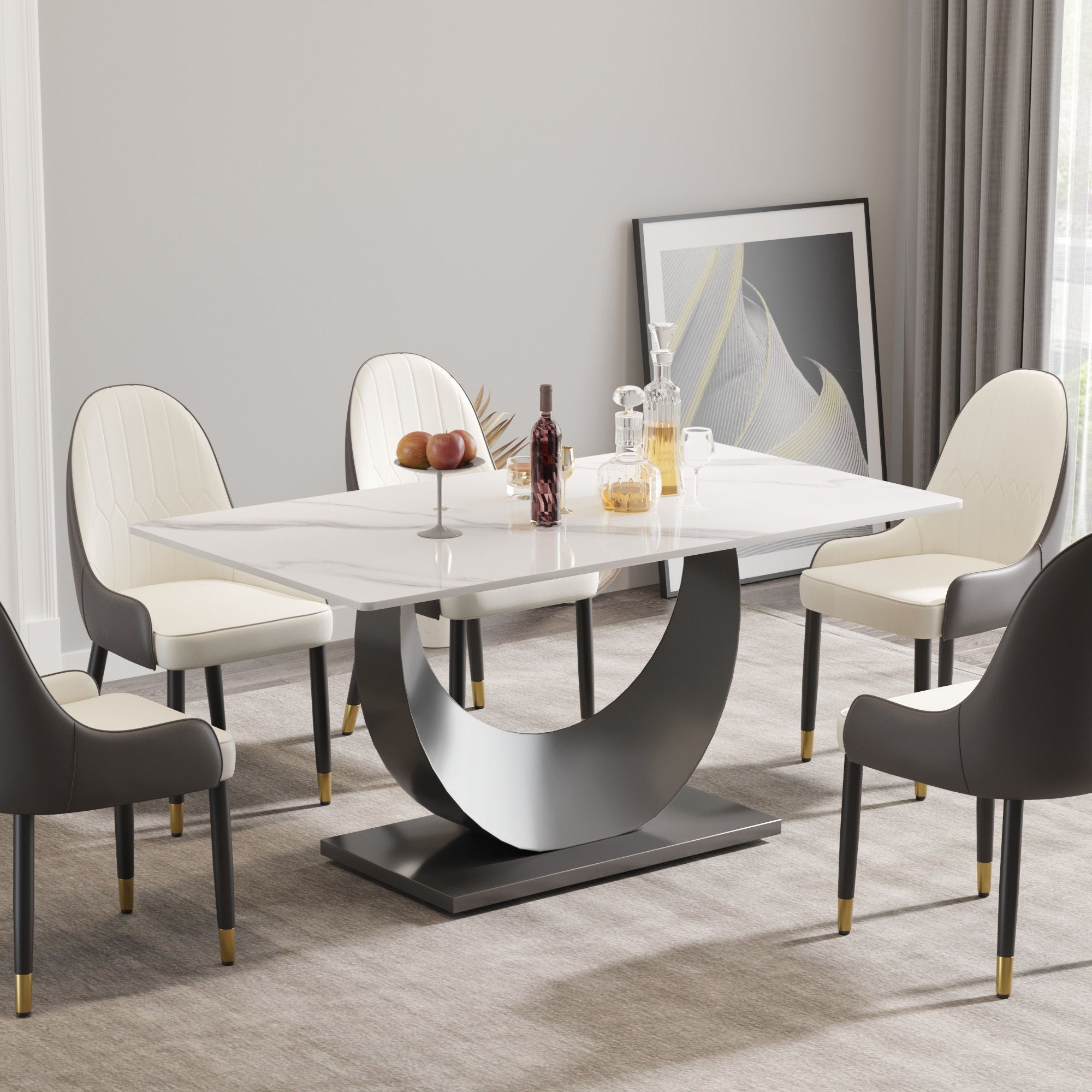 63&quot; Modern Artificial Stone Crescent-Shaped Metal Legs, Can Accommodate 6-8 People - White / Black