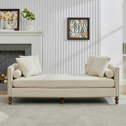 Upholstered Chaise Lounge Indoor With Nailheads, Sleeper Sofa Couch With 4 Throw Pillows &amp; 2 Bolsters, Daybed With Rubberwood Legs