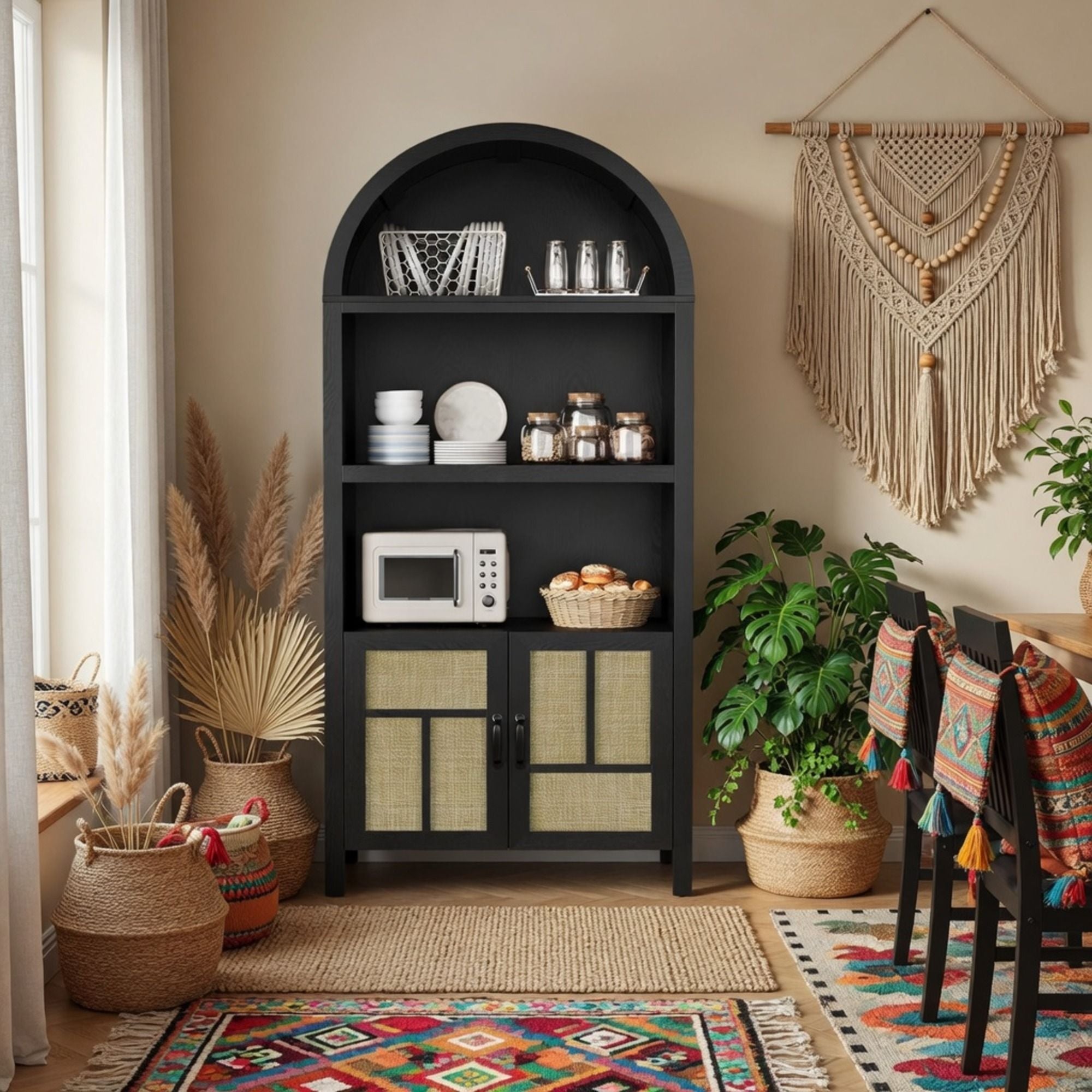 Arched Pantry Cabinet With Adjustable Storage &amp; Doors - Black