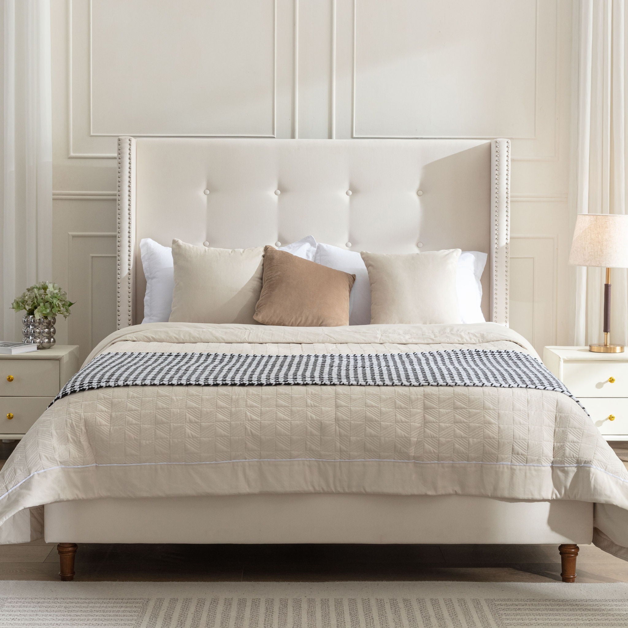 Peyton - Upholstered Bed With 54&quot; High Headboard, Traditional Hand Buttoned Tufting