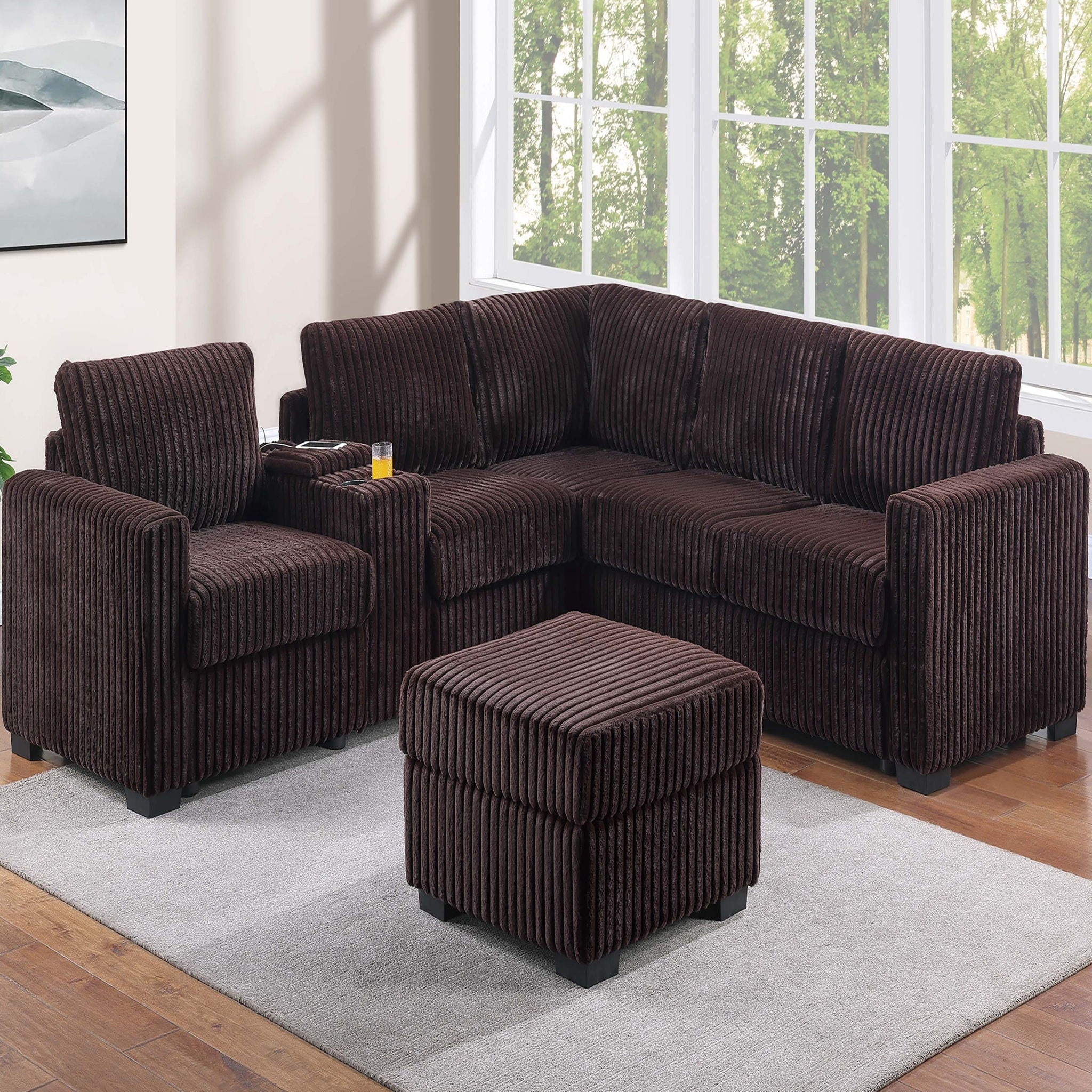 Contemporary L-Shaped Sectional Set With USB Console &amp; Ottoman