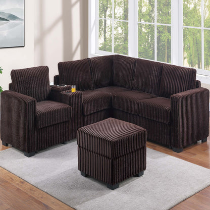 Contemporary L-Shaped Sectional Set With USB Console &amp; Ottoman