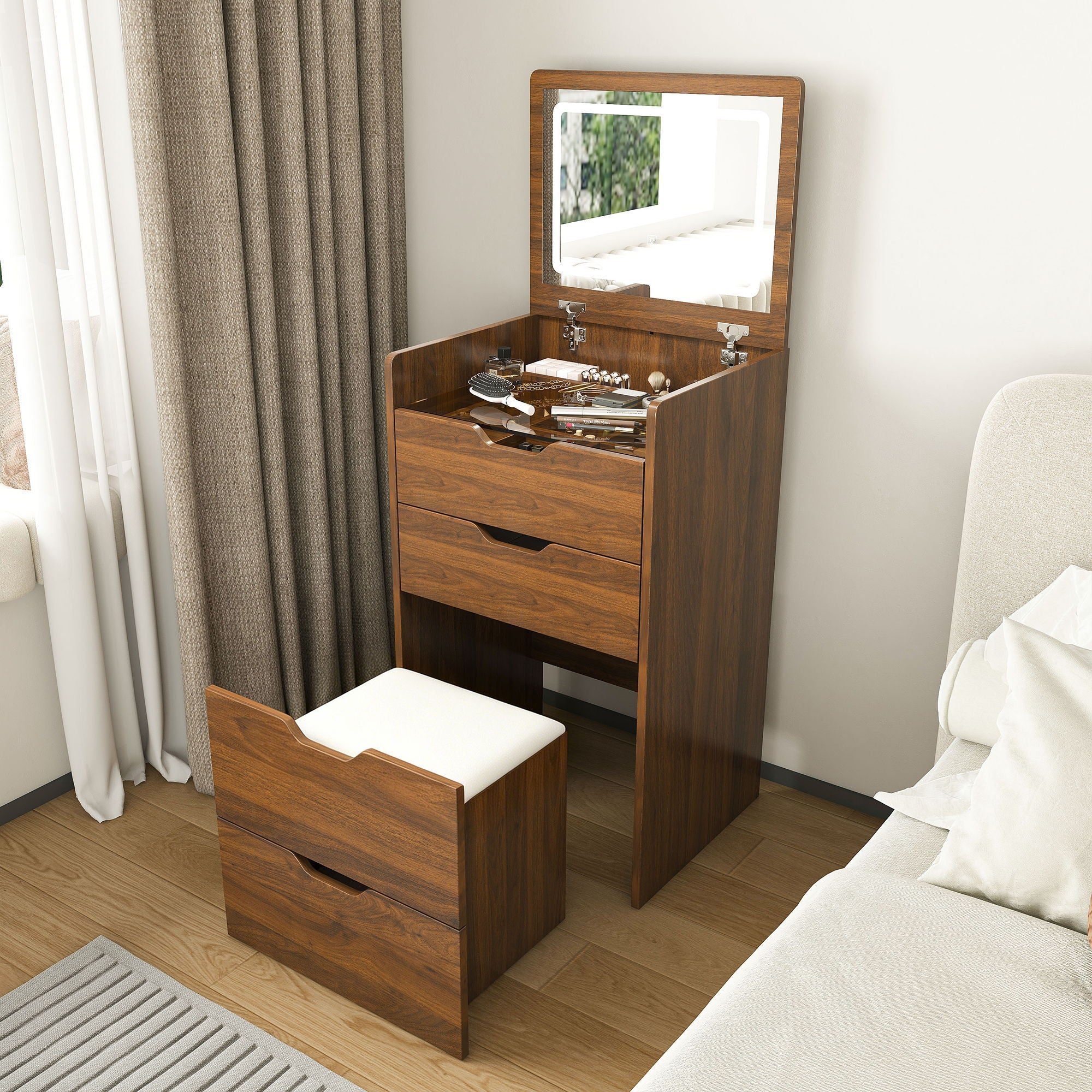 Vanity Desk With Lighted Mirror &amp; Stool