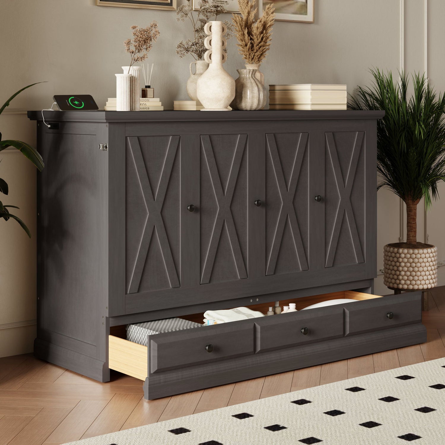 Murphy Bed Chest Cube Cabinet With Charging Station And Large Storage Drawer