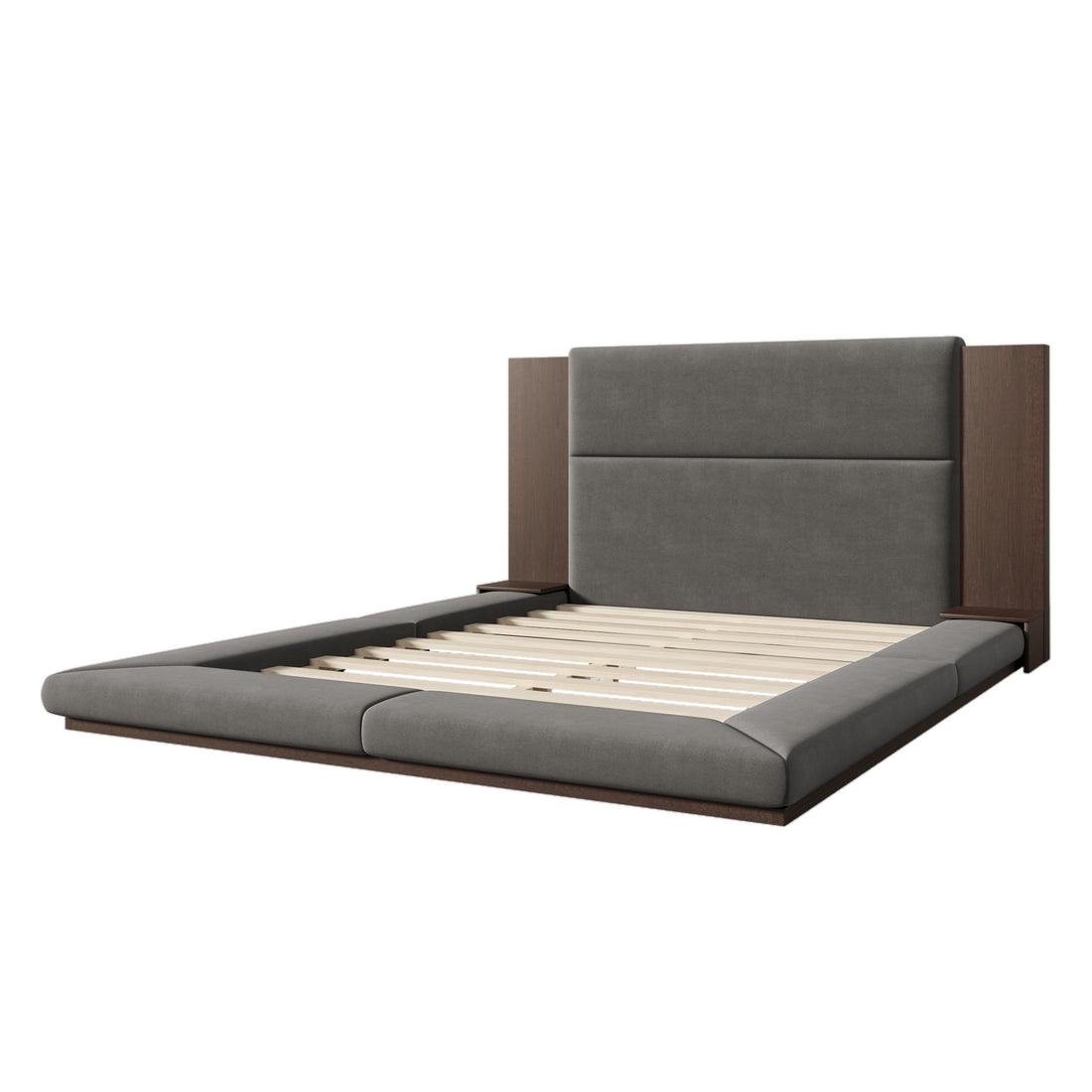 Floor Upholstered Platform Bed With Extended Headboard &amp; Bedside Shelf