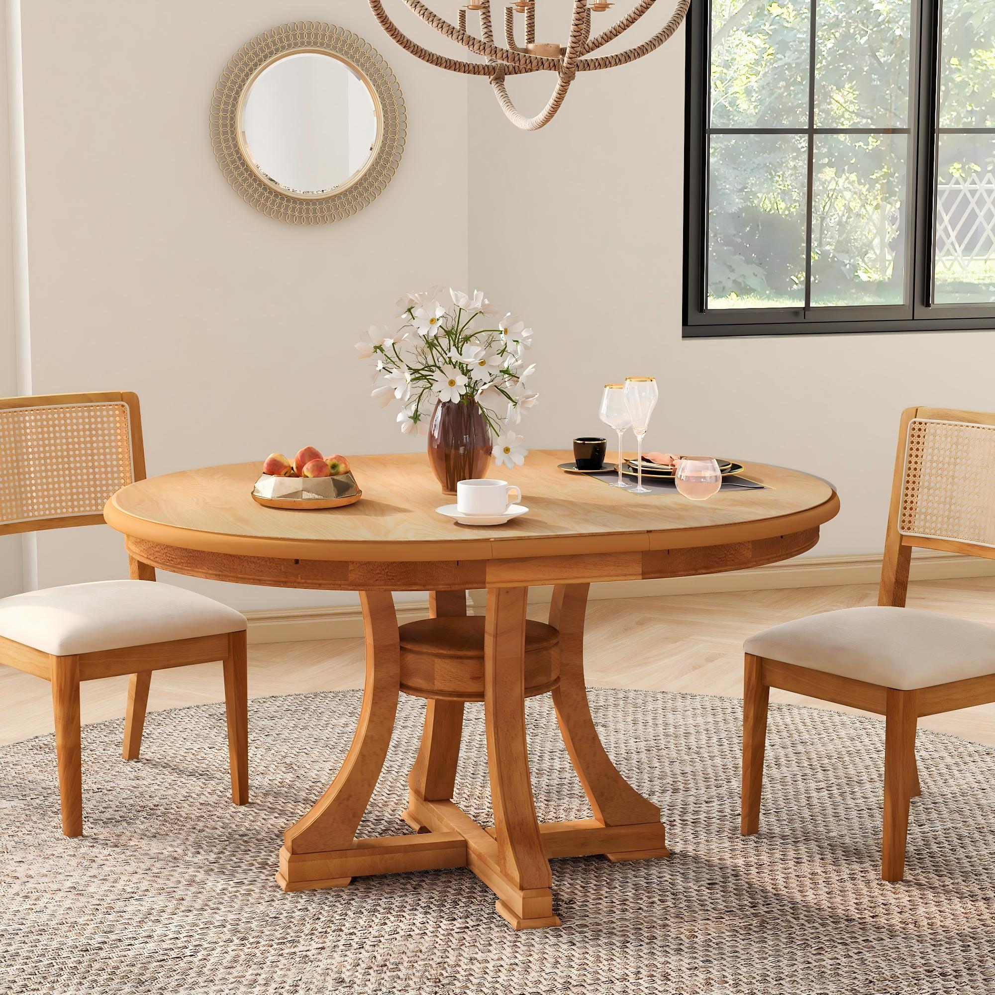 Extendable Round Dining Table, Adjustable Length, Construction With Space Saving Design - Natural Wood
