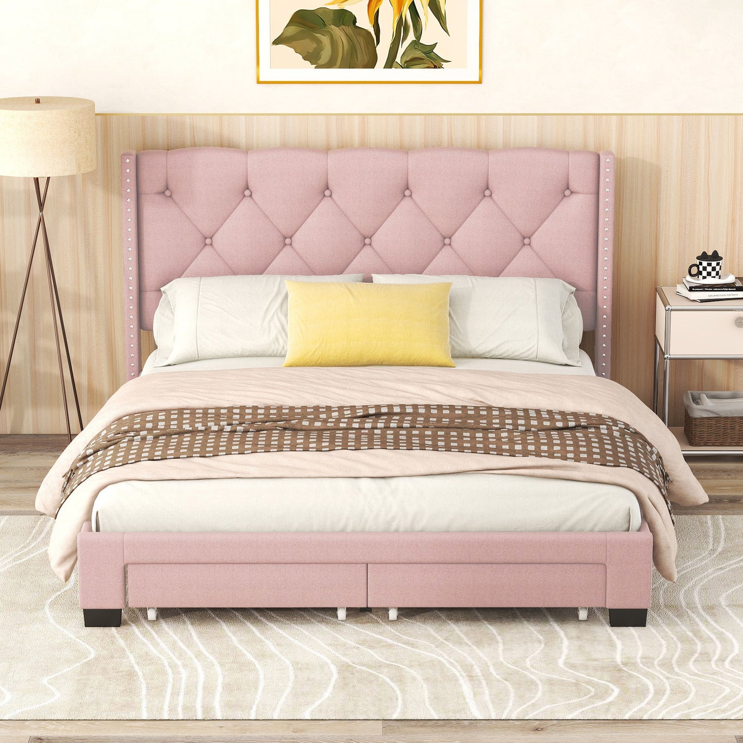 Queen Size Storage Bed Linen Upholstered Platform Bed &amp; Two Drawers - Pink