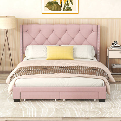 Queen Size Storage Bed Linen Upholstered Platform Bed &amp; Two Drawers - Pink