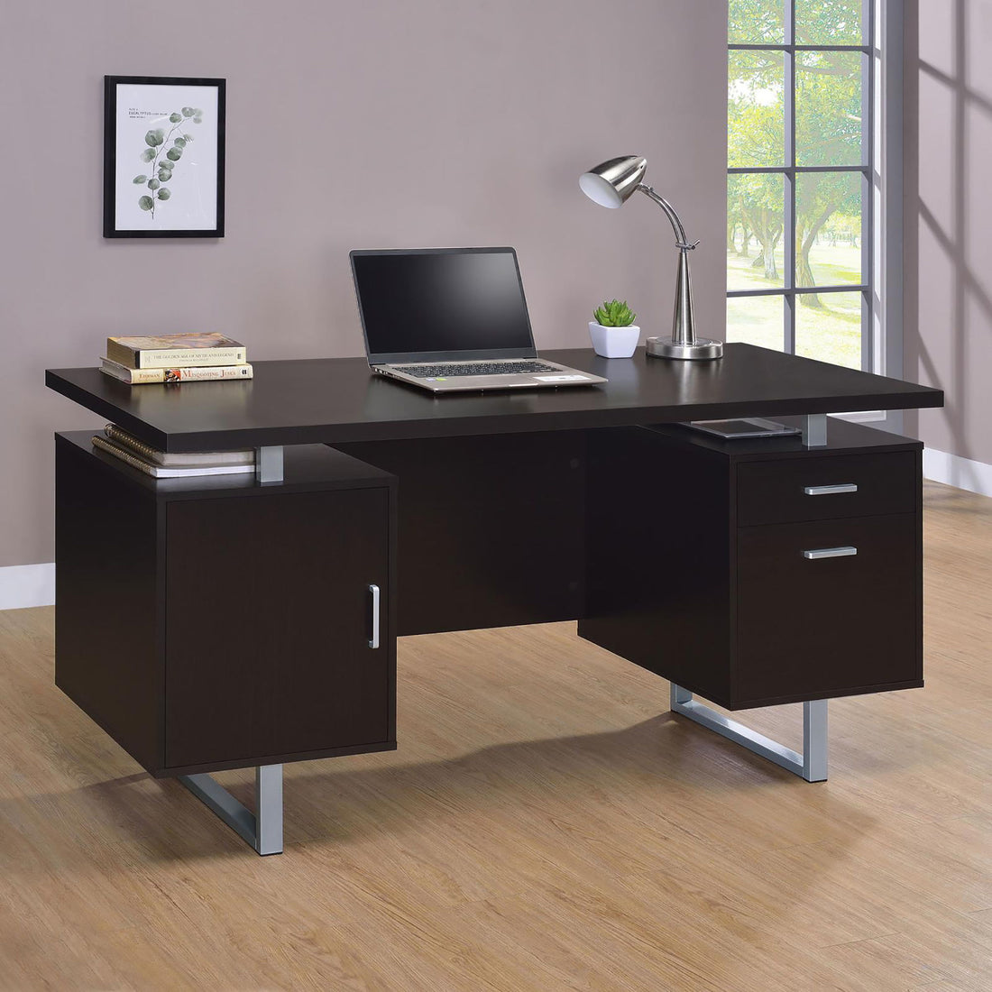 2 Drawer Floating Top Office Desk, Storage Features - Cappuccino