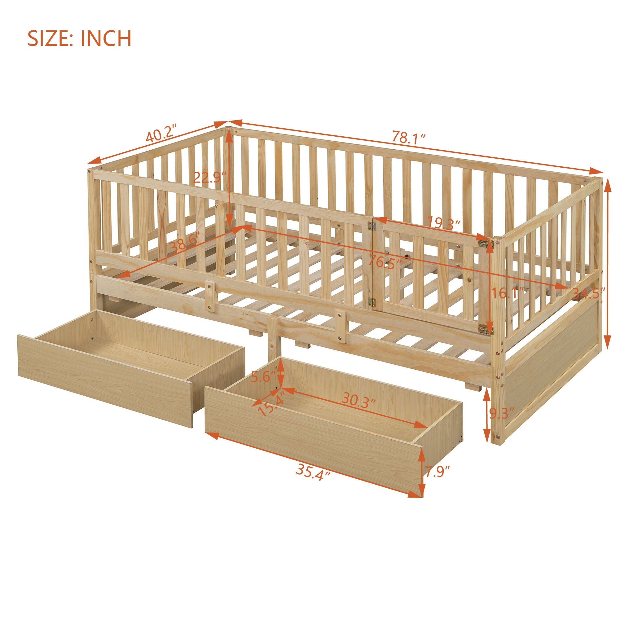 Daybed With Fence Guardrails And 2 Drawers, Split Into Independent Floor Bed &amp; Daybed