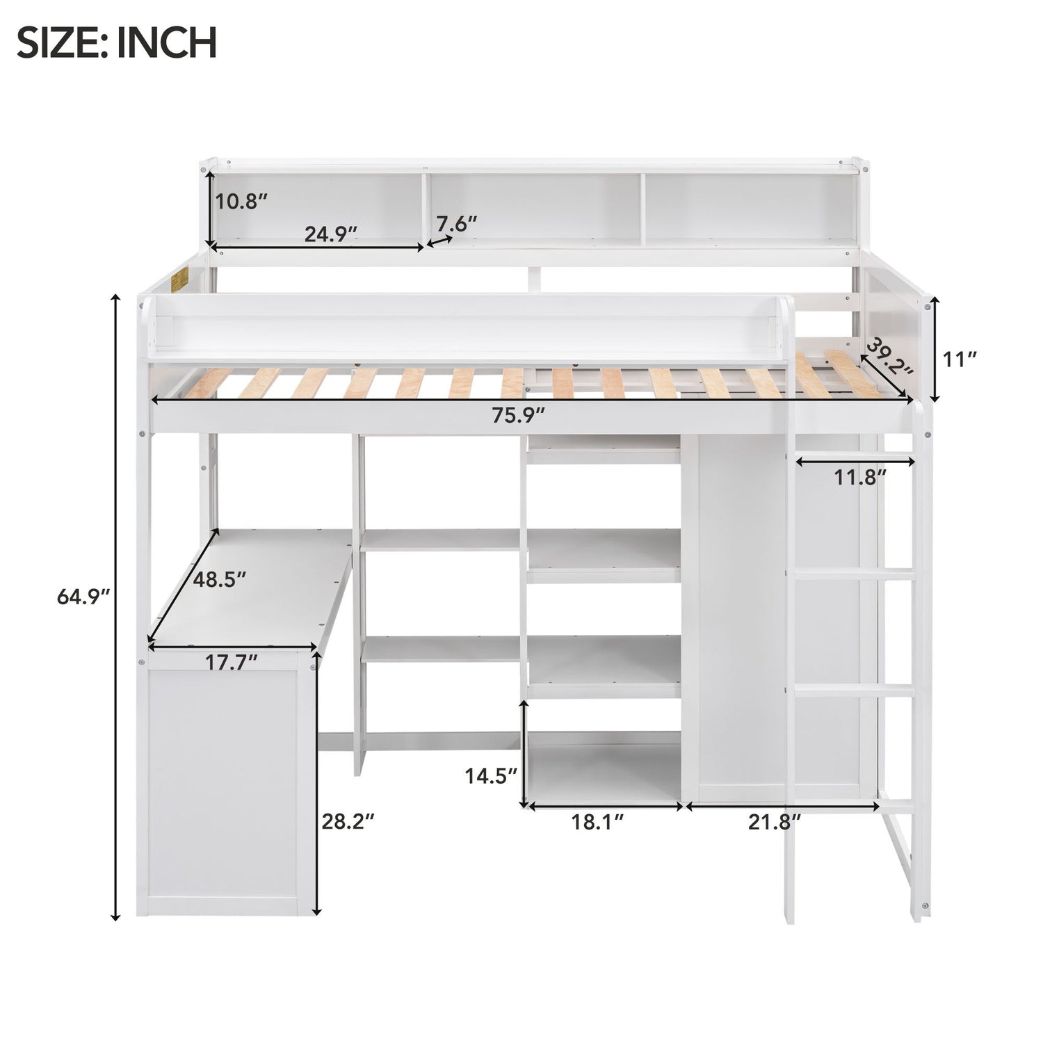 Loft Bed With Built In Desk, Storage Shelves, And Wardrobe
