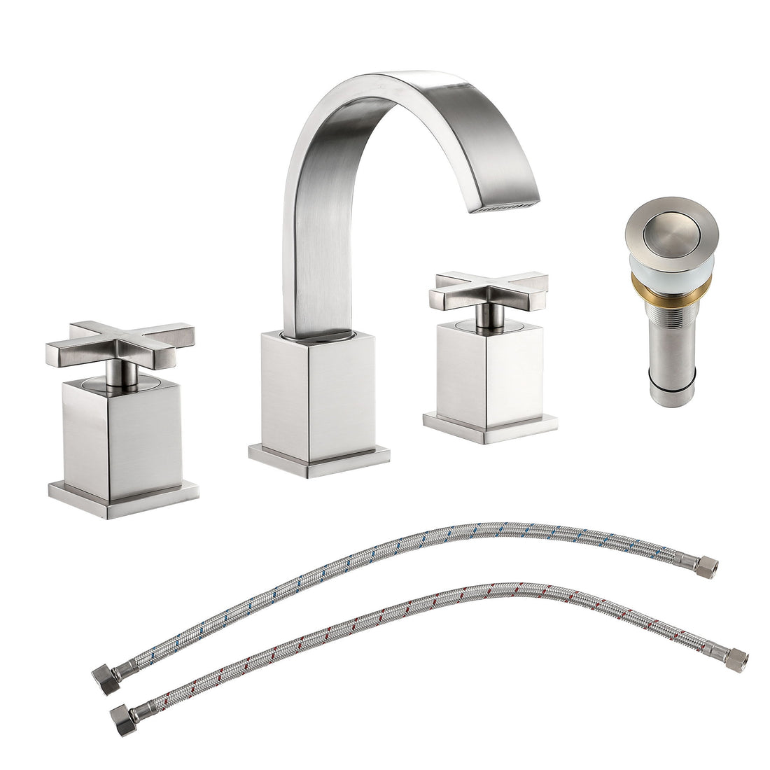 2 Handle Widespread Bathroom Faucet With Pop Up Drain And 2 Water Supply Lines - Brushed Nickel