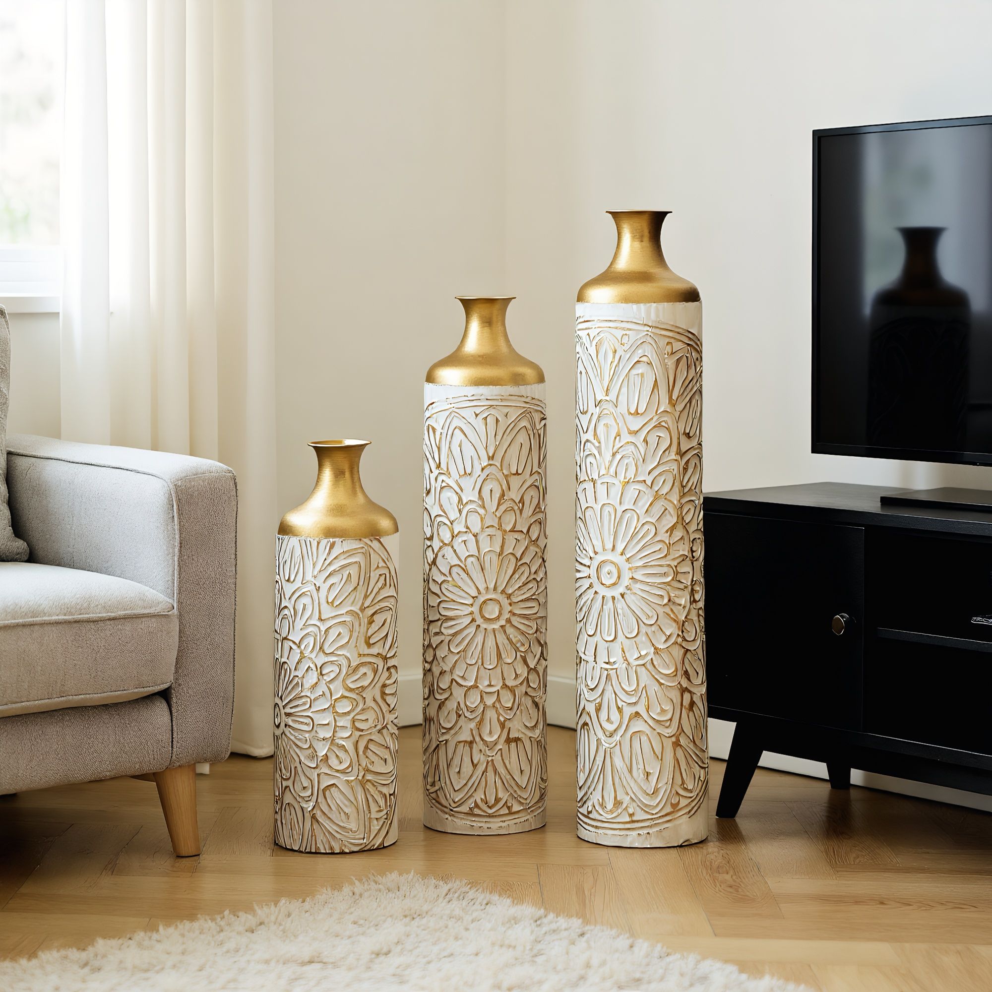 3 Piece Home Decoration Large Glazed Floor Vase Decoration Home Droplet Shaped - Gold / White