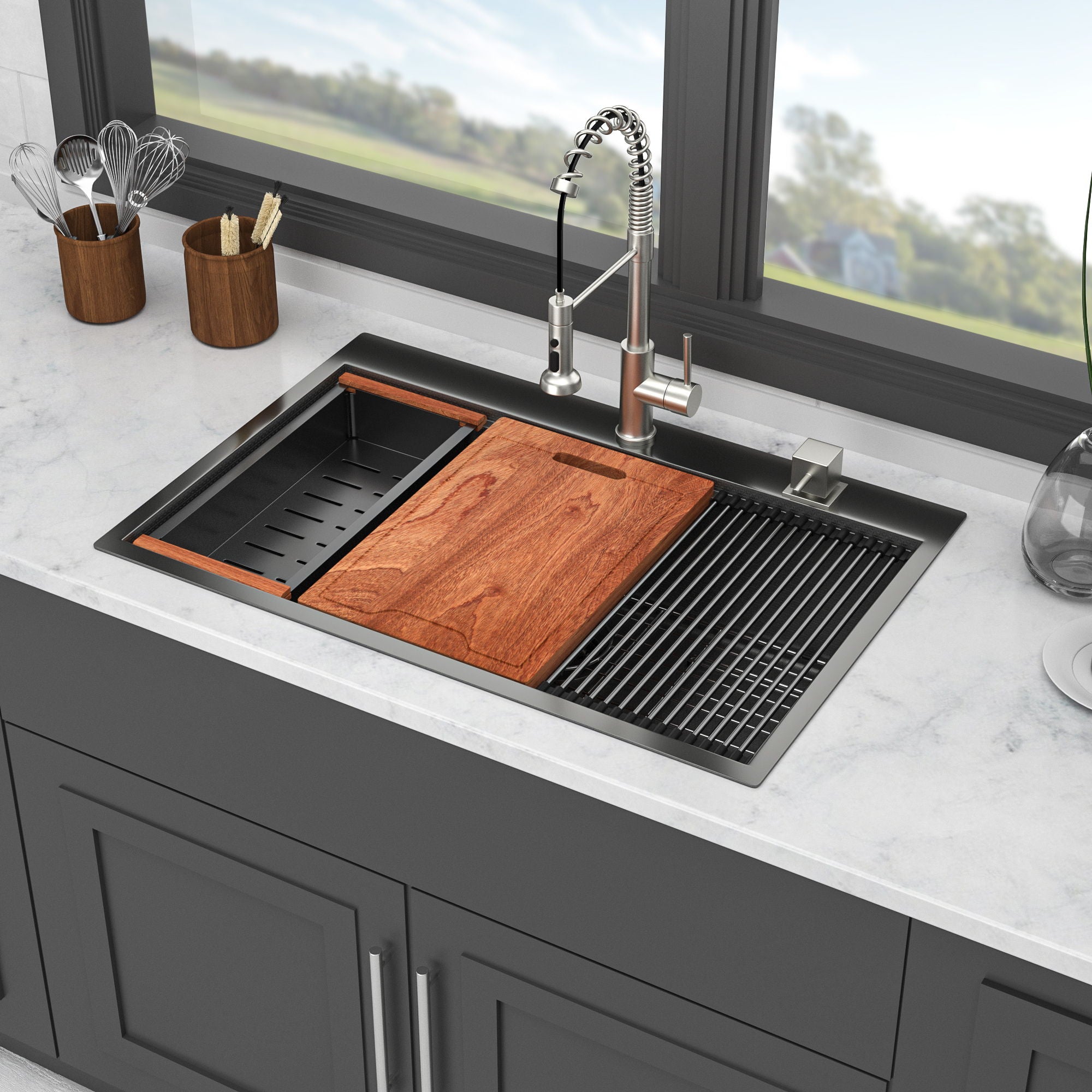 33&quot; Drop In Kitchen Sink With Ledge Workstation, 16 Gauge Stainless Steel - Gunmetal Black