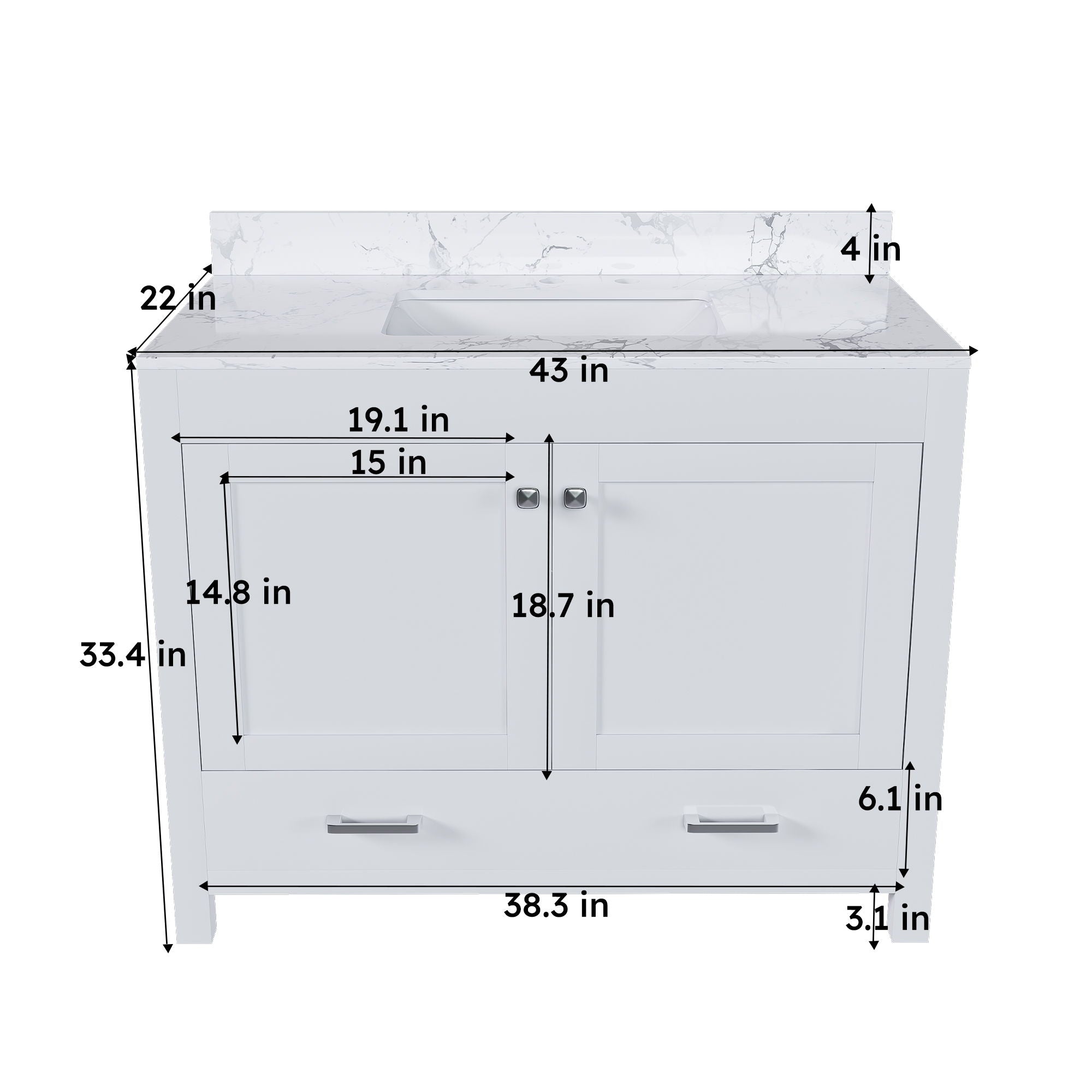 43&quot; Bathroom Vanity With Artificial Marble Carrara Top Set, Multi Functional Bathroom Cabinet With Doors And Drawer - White